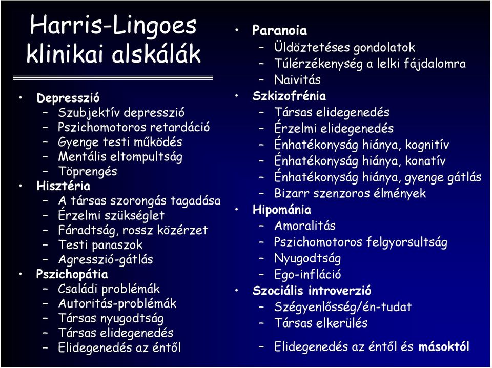 Üldöztetéses gondolatok Túlérzékenység a lelki fájdalomra Naivitás Szkizofrénia Társas elidegenedés Érzelmi elidegenedés Énhatékonyság hiánya, kognitív Énhatékonyság hiánya, konatív Énhatékonyság