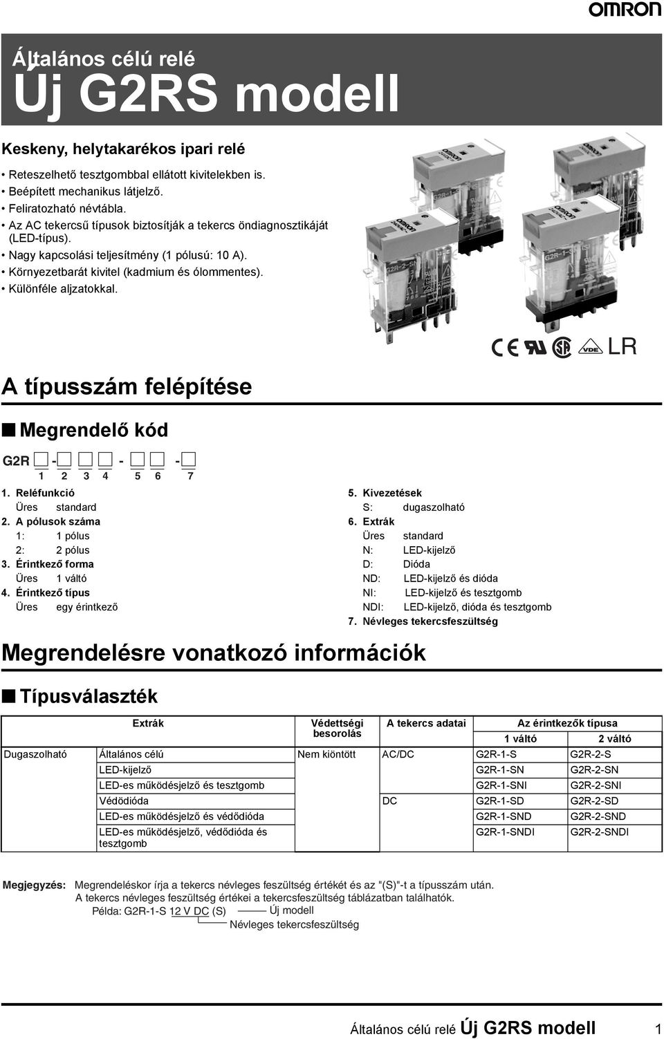 A típusszám felépítése LR Megrendelő kód G2R - - - 2 3 4 6. Reléfunkció Üres standard 2. A pólusok száma : pólus 2: 2 pólus 3. Érintkező forma Üres váltó 4.