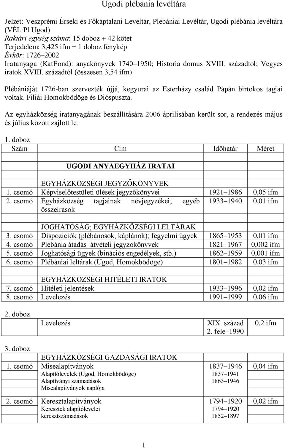 századtól (összesen 3,54 ifm) Plébániáját 1726-ban szervezték újjá, kegyurai az Esterházy család Pápán birtokos tagjai voltak. Filiái Homokbödöge és Dióspuszta.