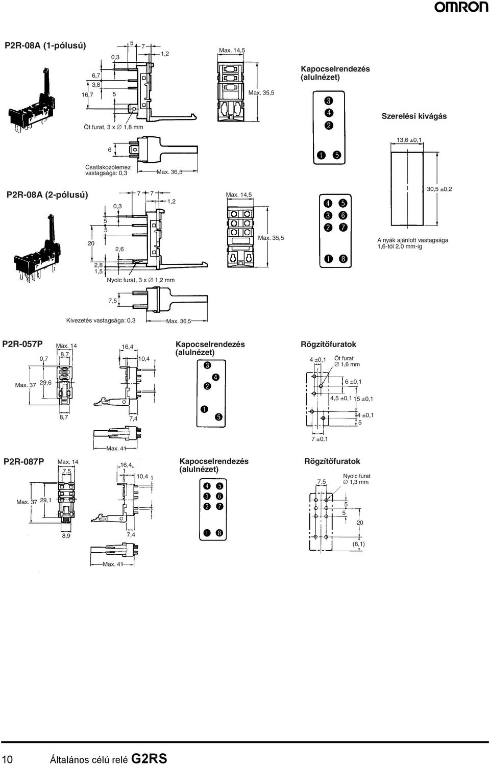 36, P2R-08A (2-pólusú) 0,3,2 Max., 30, ±0,2 20 2,6 Max.