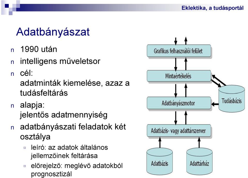 adatbányászati feladatok két osztálya leíró: az adatok általános