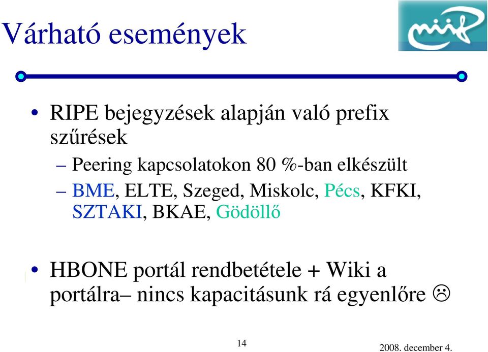 Szeged, Miskolc, Pécs, KFKI, SZTAKI, BKAE, Gödöllő HBONE