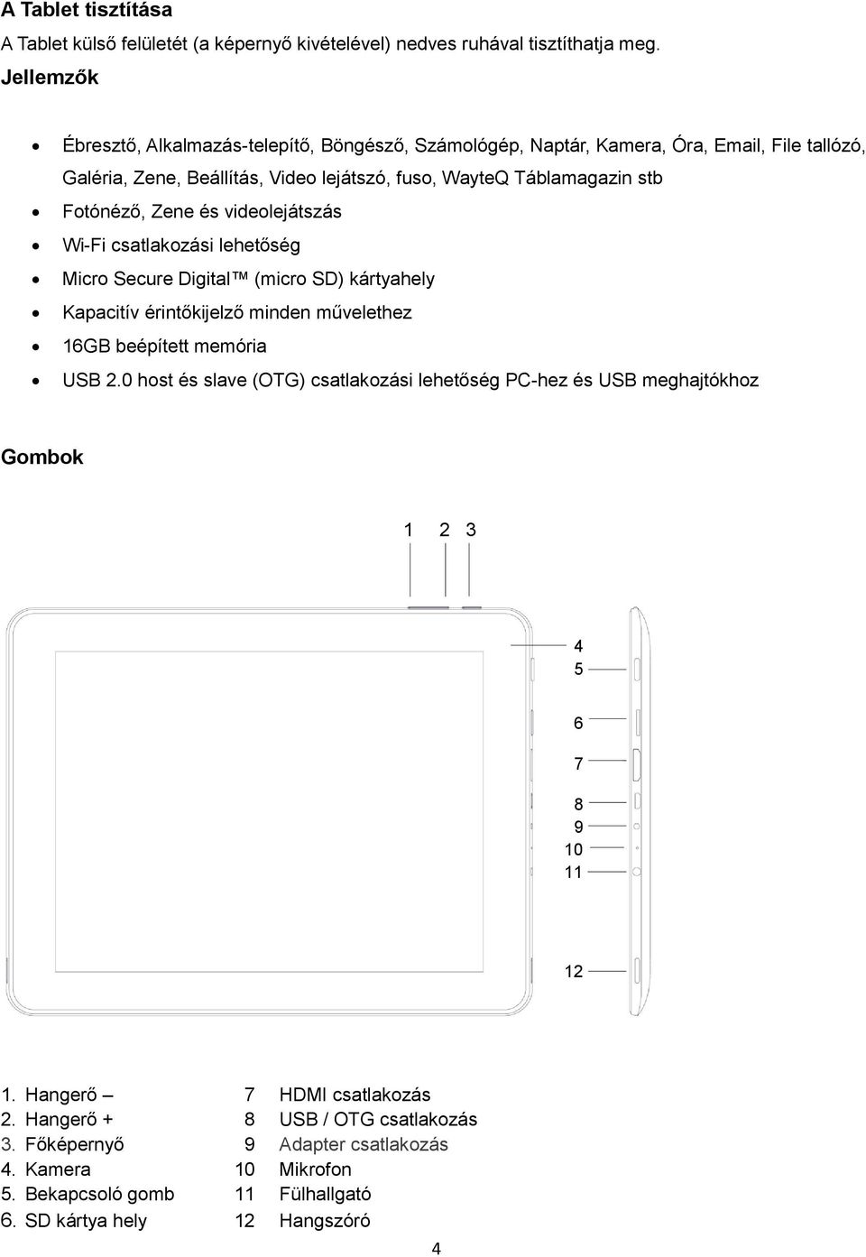 Zene és videolejátszás Wi-Fi csatlakozási lehetőség Micro Secure Digital (micro SD) kártyahely Kapacitív érintőkijelző minden művelethez 16GB beépített memória USB 2.