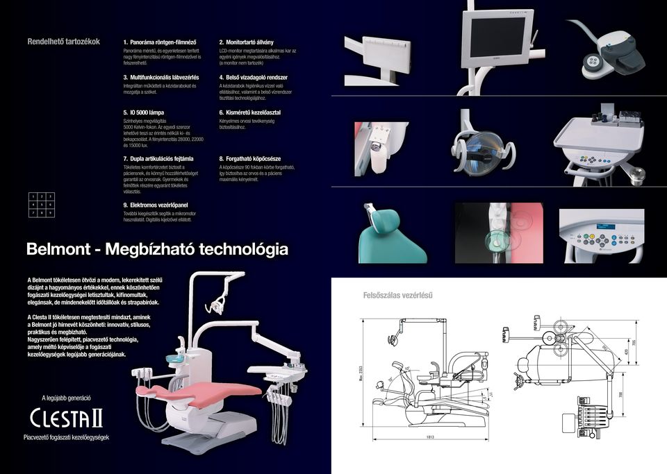 Belső vízadagoló rendszer Integráltan működteti a kézidarabokat és mozgatja a széket. A kézidarabok higiénikus vízzel való ellátásához, valamint a belső vízrendszer tisztítási technológiájához. 5.