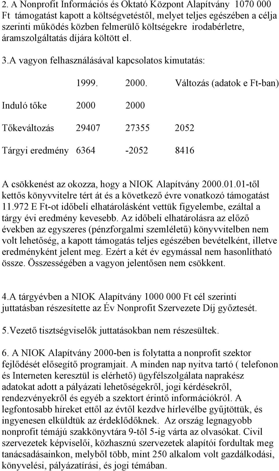 2000 1999. 2000. Változás (adatok e Ft-ban) Tőkeváltozás 29407 27355 2052 Tárgyi eredmény 6364-2052 8416 A csökkenést az okozza, hogy a NIOK Alapítvány 2000.01.