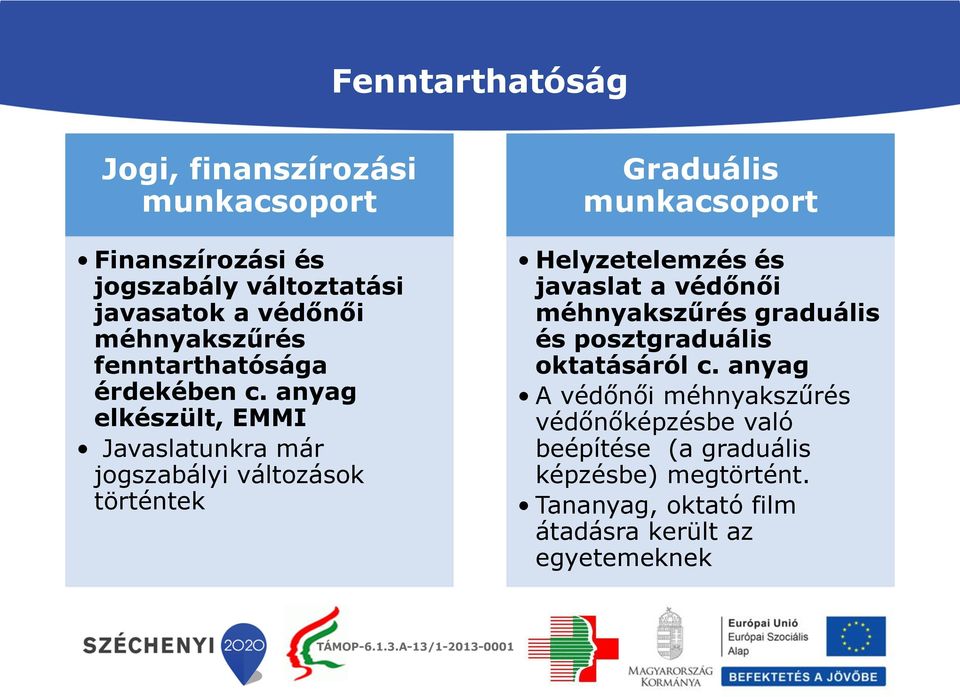 anyag elkészült, EMMI Javaslatunkra már jogszabályi változások történtek Graduális munkacsoport Helyzetelemzés és javaslat