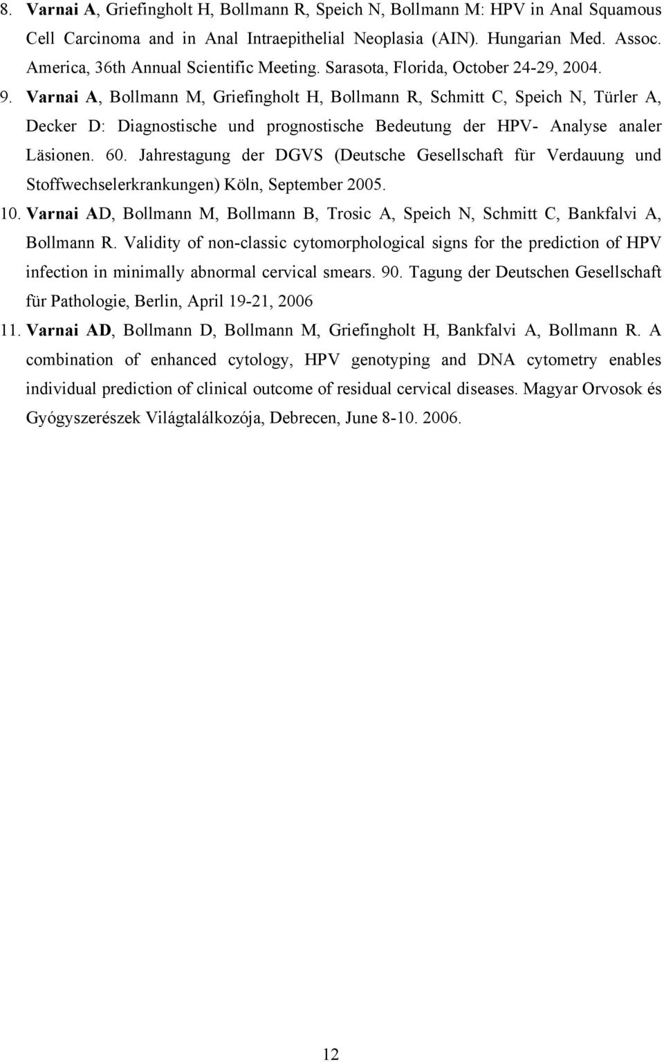 Varnai A, Bollmann M, Griefingholt H, Bollmann R, Schmitt C, Speich N, Türler A, Decker D: Diagnostische und prognostische Bedeutung der HPV- Analyse analer Läsionen. 60.
