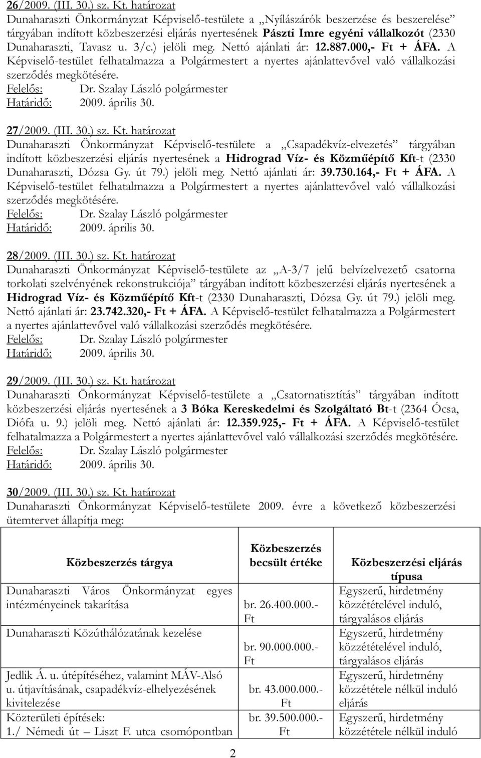 u. 3/c.) jelöli meg. Nettó ajánlati ár: 12.887.000,- + ÁFA. A Képviselő-testület felhatalmazza a Polgármestert a nyertes ajánlattevővel való vállalkozási 27/2009. (III. 30.) sz. Kt.