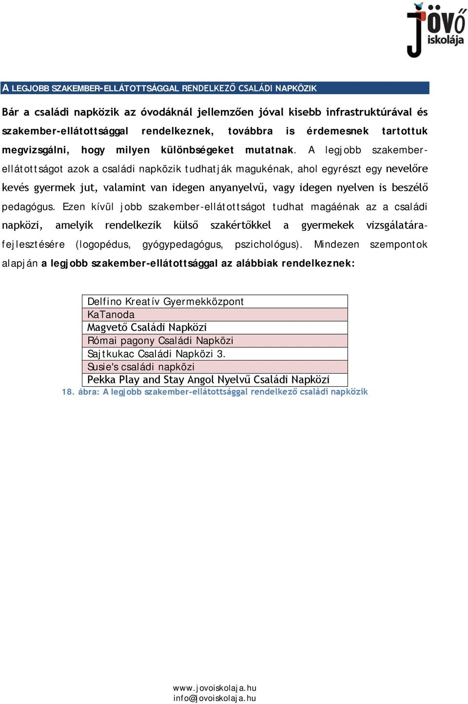 A legjobb szakemberellátottságot azok a családi napközik tudhatják magukénak, ahol egyrészt egy nevelőre kevés gyermek jut, valamint van idegen anyanyelvű, vagy idegen nyelven is beszélő pedagógus.