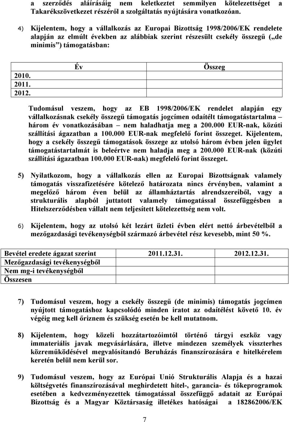 Év Összeg Tudomásul veszem, hogy az EB 1998/2006/EK rendelet alapján egy vállalkozásnak csekély összegű támogatás jogcímen odaítélt támogatástartalma három év vonatkozásában nem haladhatja meg a 200.