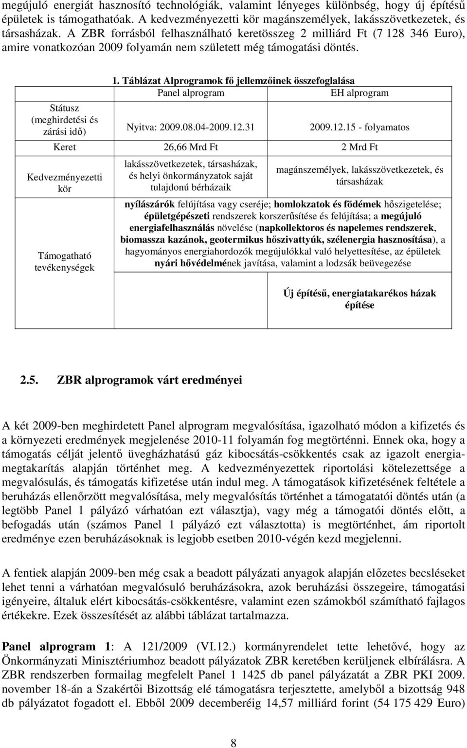 Táblázat Alprogramok fı jellemzıinek összefoglalása Panel alprogram EH alprogram Nyitva: 2009.08.04-2009.12.