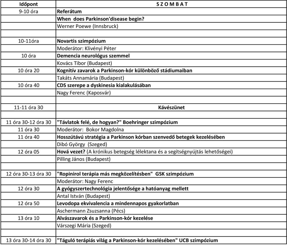 stádiumaiban Takáts Annamária (Budapest) 10 óra 40 CDS szerepe a dyskinesia kialakulásában Nagy Ferenc (Kaposvár) 11-11 óra 30 Kávészünet 11 óra 30-12 óra 30 "Távlatok felé, de hogyan?
