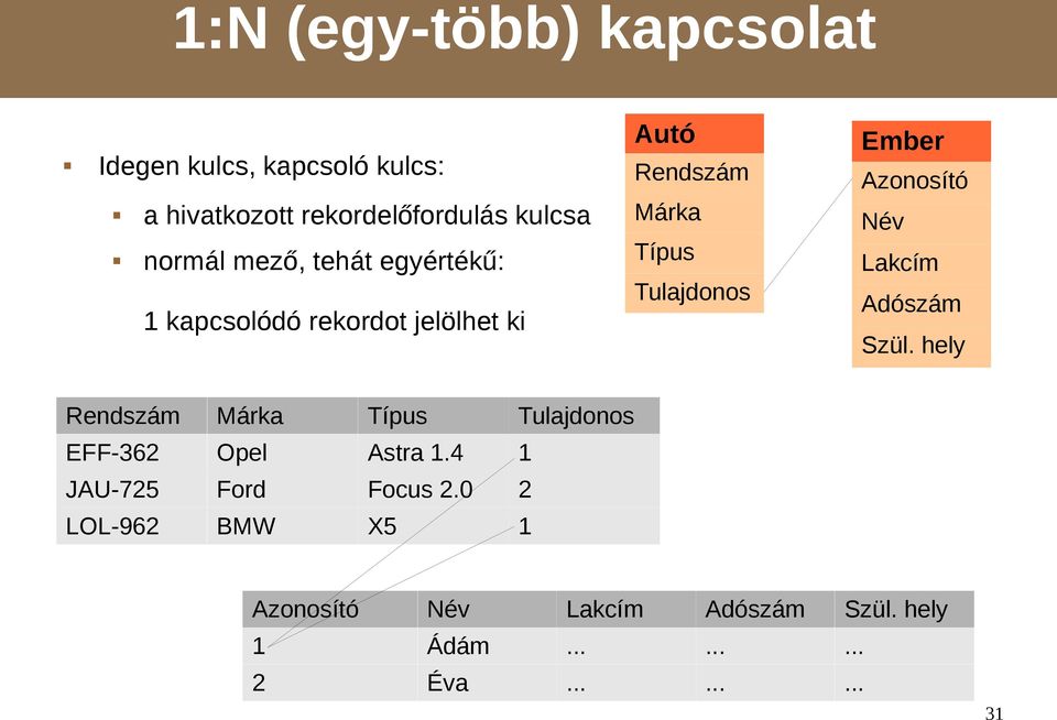 Azonosító Név Lakcím Adószám Szül. hely Rendszám Márka Típus Tulajdonos EFF-362 Opel Astra 1.