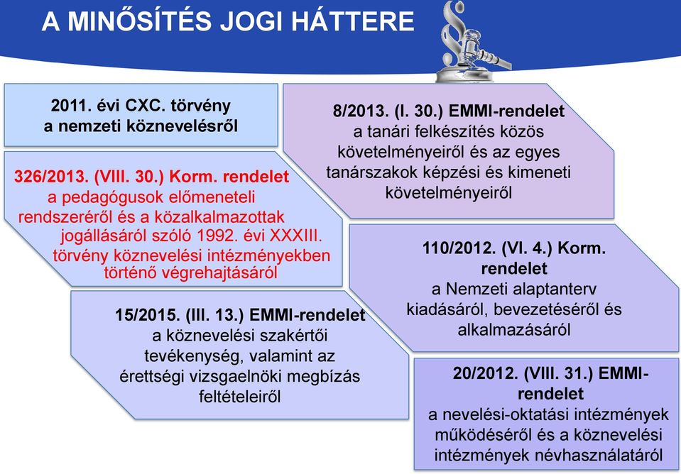 ) EMMI-rendelet a köznevelési szakértői tevékenység, valamint az érettségi vizsgaelnöki megbízás feltételeiről 8/2013. (I. 30.