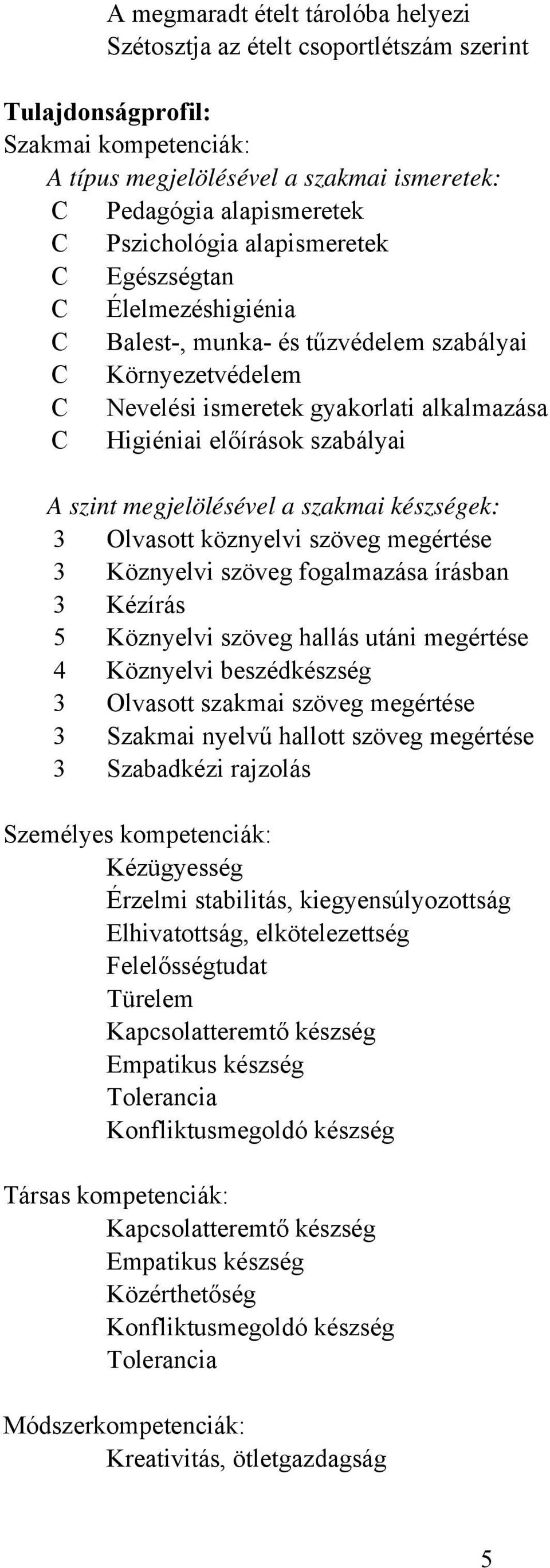 szint megjelölésével a szakmai készségek: 3 Olvasott köznyelvi szöveg megértése 3 Köznyelvi szöveg fogalmazása írásban 3 Kézírás 5 Köznyelvi szöveg hallás utáni megértése 4 Köznyelvi beszédkészség 3