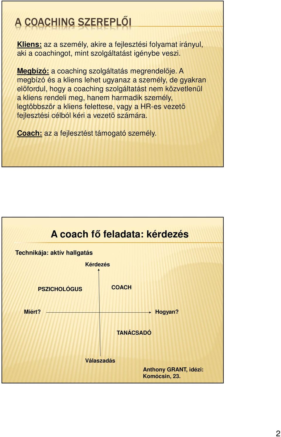 A megbízó és a kliens lehet ugyanaz a személy, de gyakran előfordul, hogy a coaching szolgáltatást nem közvetlenül a kliens rendeli meg, hanem harmadik