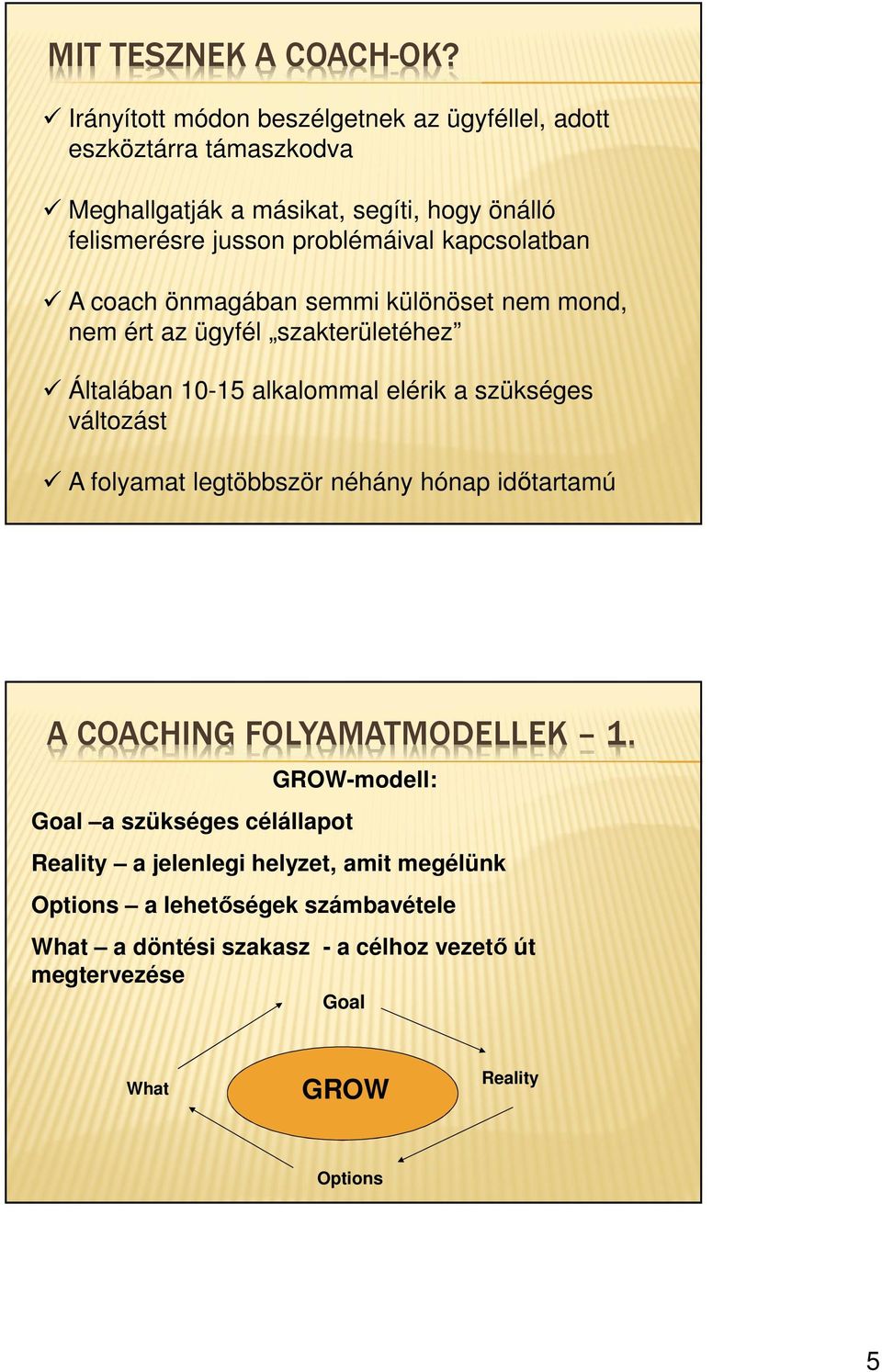 kapcsolatban A coach önmagában semmi különöset nem mond, nem ért az ügyfél szakterületéhez Általában 10-15 alkalommal elérik a szükséges változást A