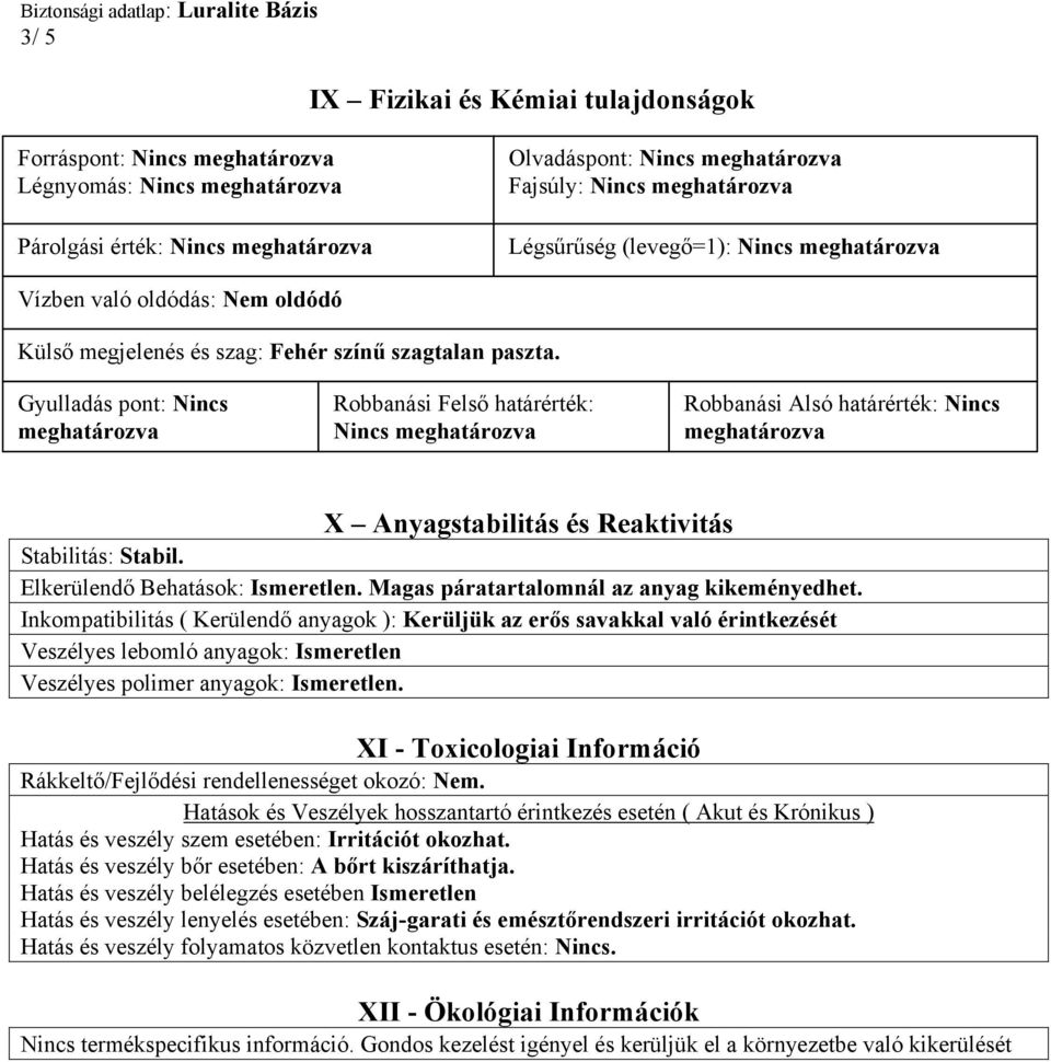 Gyulladás pont: Nincs meghatározva Robbanási Felső határérték: Nincs meghatározva Robbanási Alsó határérték: Nincs meghatározva X Anyagstabilitás és Reaktivitás Stabilitás: Stabil.