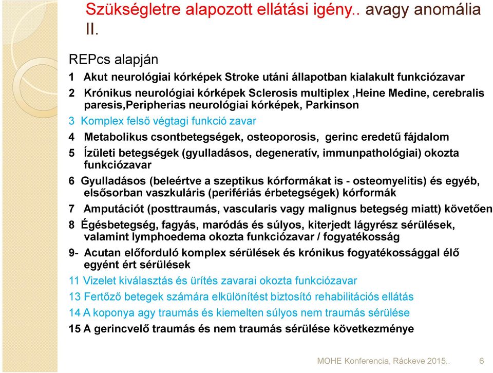 kórképek, Parkinson 3 Komplex felső végtagi funkció zavar 4 Metabolikus csontbetegségek, osteoporosis, gerinc eredetű fájdalom 5 Ízületi betegségek (gyulladásos, degeneratív, immunpathológiai) okozta