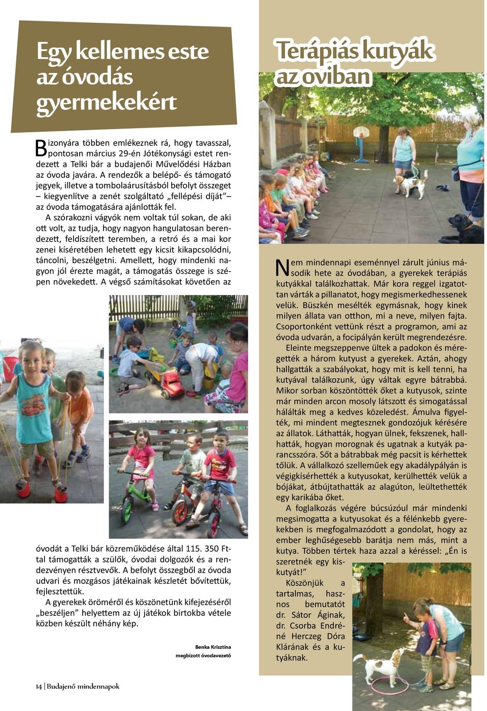 A rendezők a belépő- és támogató jegyek, illetve a tombolaárusításból befolyt összeget kiegyenlítve a zenét szolgáltató fellépési díját az óvoda támogatására ajánlották fel.
