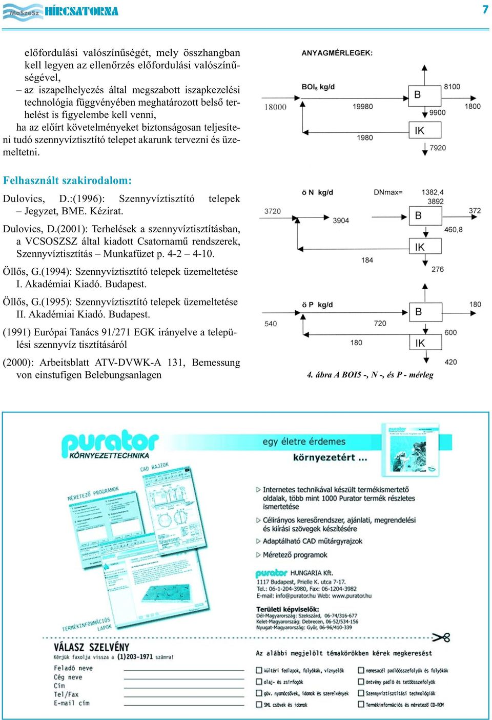 :(1996): Szennyvíztisztító telepek Jegyzet, BME. Kézirat. Dulovics, D.(2001): Terhelések a szennyvíztisztításban, a VCSOSZSZ által kiadott Csatornamû rendszerek, Szennyvíztisztítás Munkafüzet p.