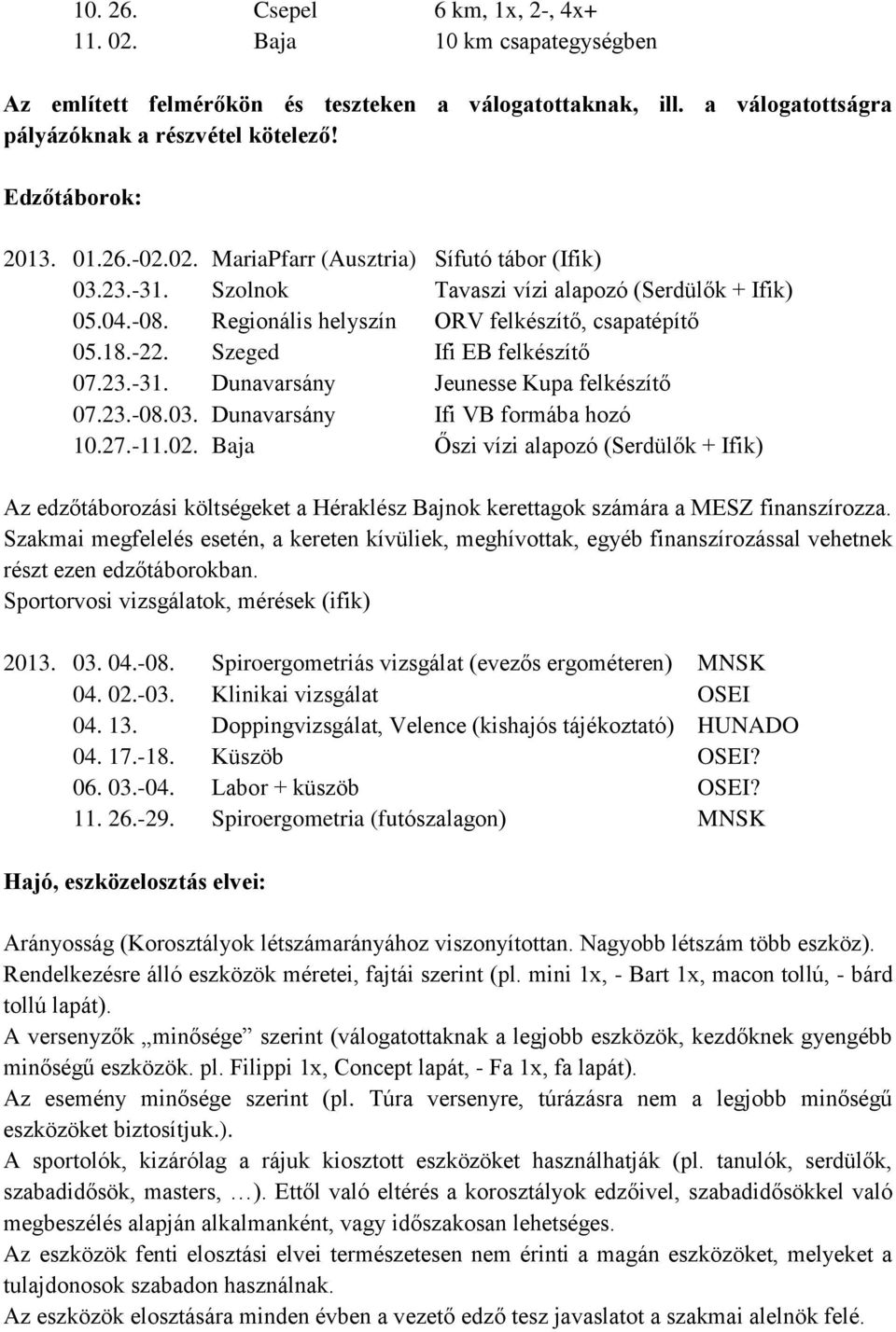 Szeged Ifi EB felkészítő 07.23.-31. Dunavarsány Jeunesse Kupa felkészítő 07.23.-08.03. Dunavarsány Ifi VB formába hozó 10.27.-11.02.