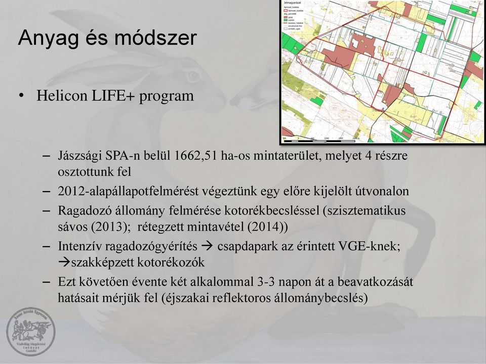(szisztematikus sávos (2013); rétegzett mintavétel (2014)) Intenzív ragadozógyérítés csapdapark az érintett VGE-knek;