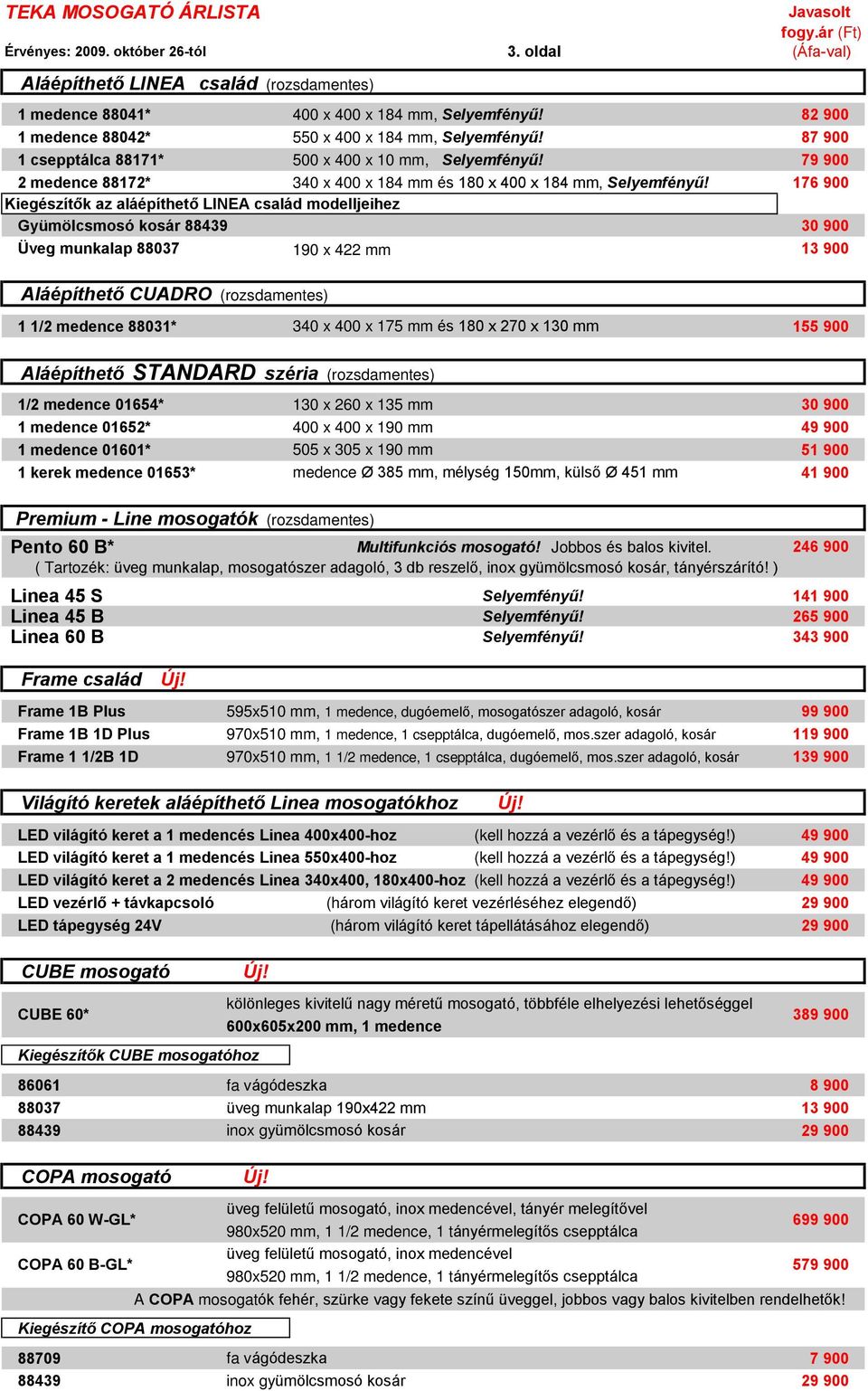 176 900 Kiegészítõk az aláépíthetõ LINEA család modelljeihez Gyümölcsmosó kosár 88439 30 900 Üveg munkalap 88037 190 x 422 mm 13 900 Aláépíthetõ CUADRO (rozsdamentes) 1 1/2 medence 88031* 340 x 400 x