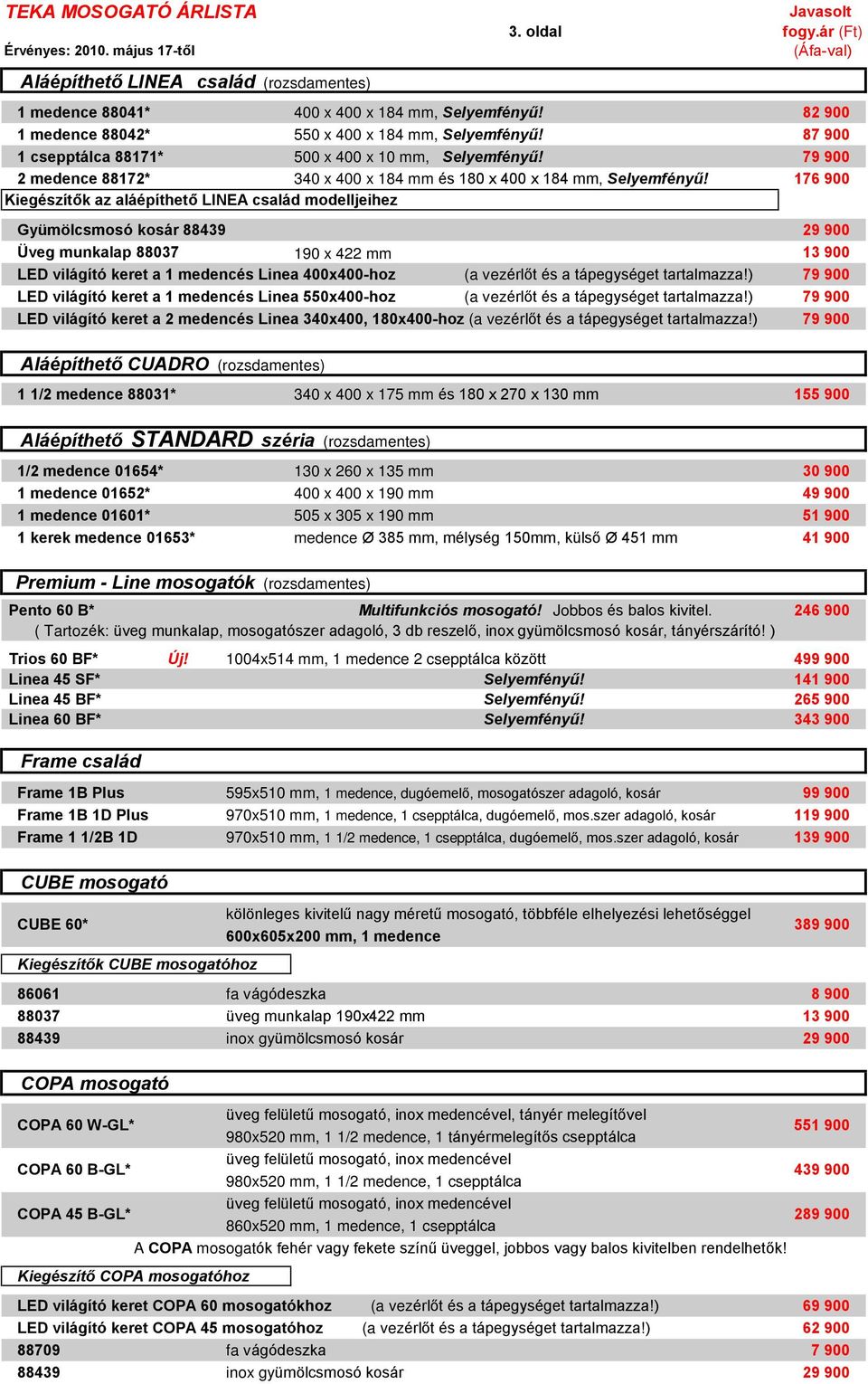 176 900 Kiegészítõk az aláépíthetõ LINEA család modelljeihez Gyümölcsmosó kosár 88439 29 900 Üveg munkalap 88037 190 x 422 mm 13 900 LED világító keret a 1 medencés Linea 400x400-hoz (a vezérlõt és a