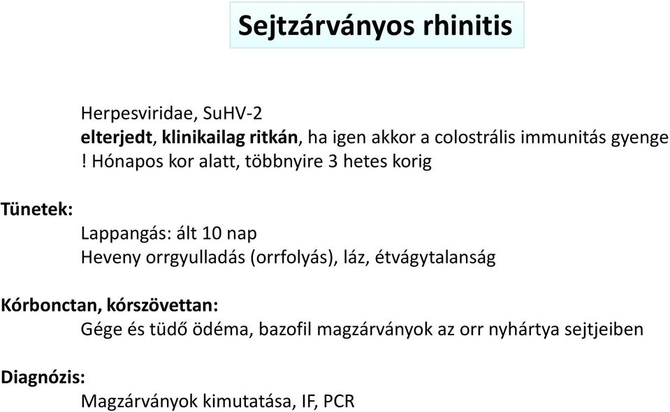 Hónapos kor alatt, többnyire 3 hetes korig Tünetek: Lappangás: ált 10 nap Heveny