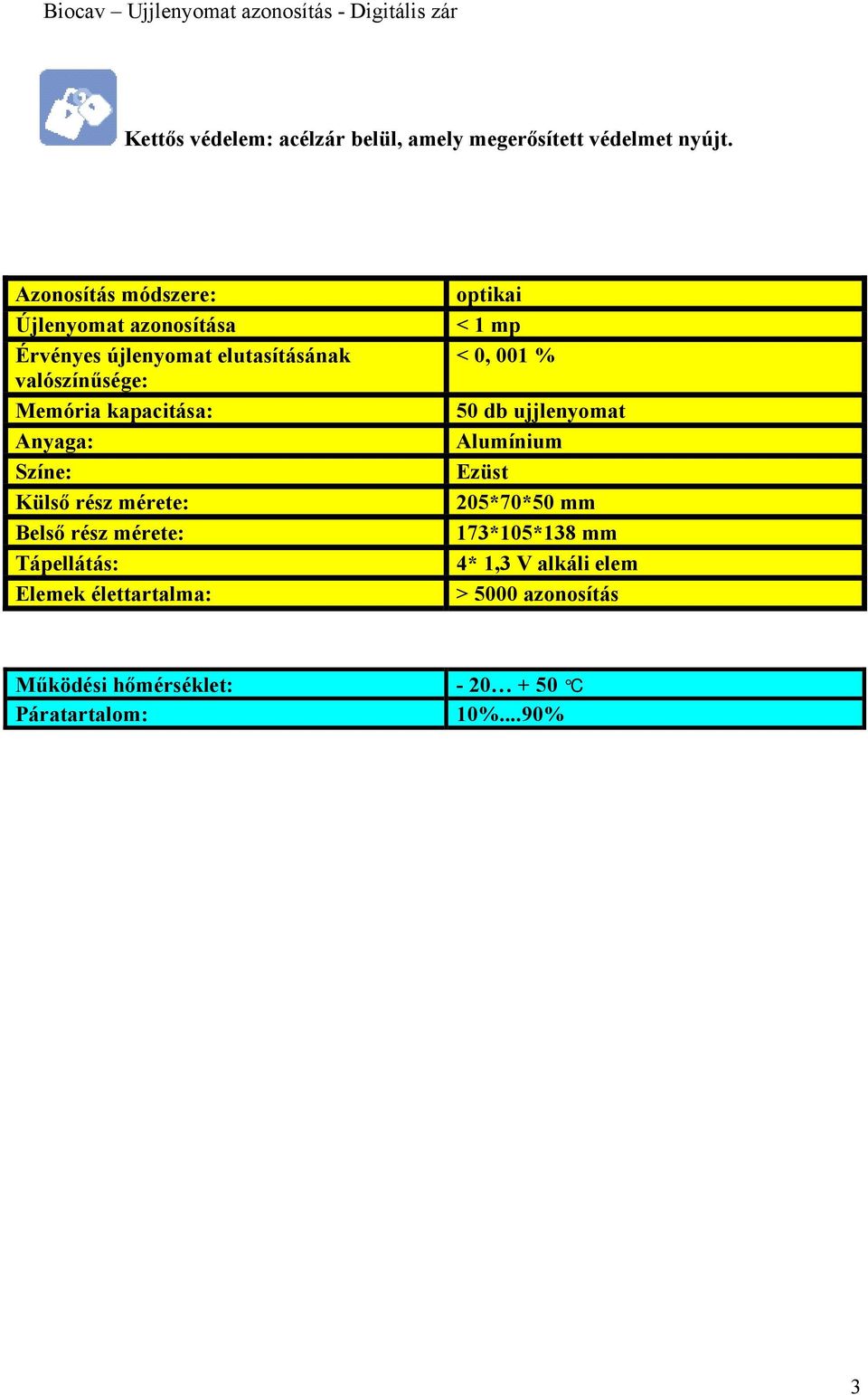 Színe: Külső rész mérete: Belső rész mérete: Tápellátás: Elemek élettartalma: optikai < 1 mp < 0, 001 % 50 db ujjlenyomat