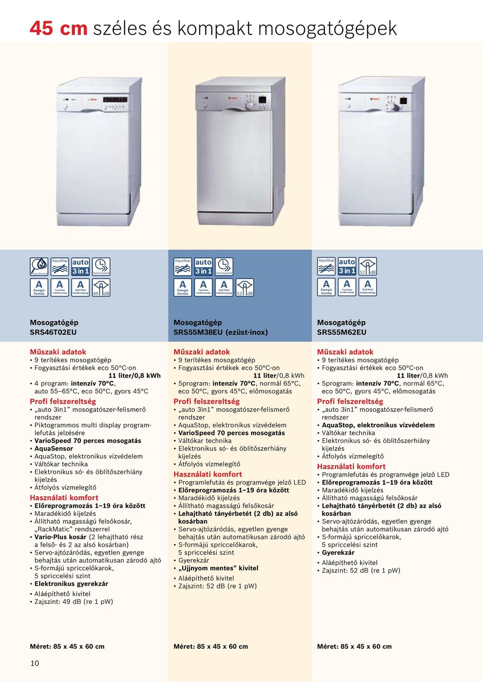 mosogatószer-felismerő rendszer Piktogrammos multi display programlefutás jelzésére VarioSpeed 70 perces mosogatás quasensor quastop, elektronikus Váltókar technika Elektronikus só- és