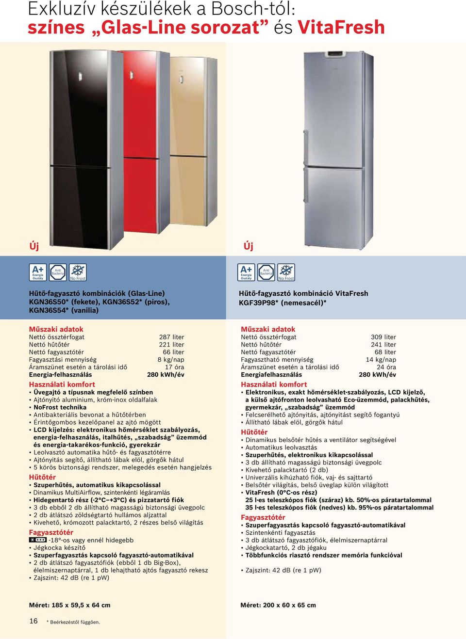 Üvegajtó a típusnak megfelelő színben jtónyitó aluminium, króm-inox oldalfalak NoFrost technika ntibakteriális bevonat a hűtőtérben Érintőgombos kezelőpanel az ajtó mögött LCD kijelzés: elektronikus