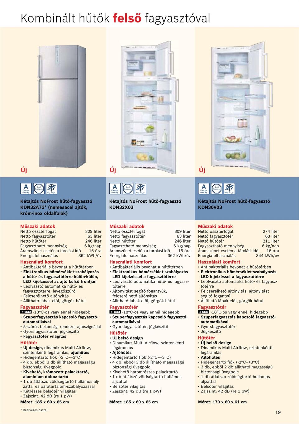 tárolási idő 16 óra felhasználás 362 kwh/év ntibakteriális bevonat a hűtőtérben Elektronikus hőmérséklet-szabályozás a hűtő- és fagyasztótérre külön-külön, LED kijelzéssel az ajtó külső frontján