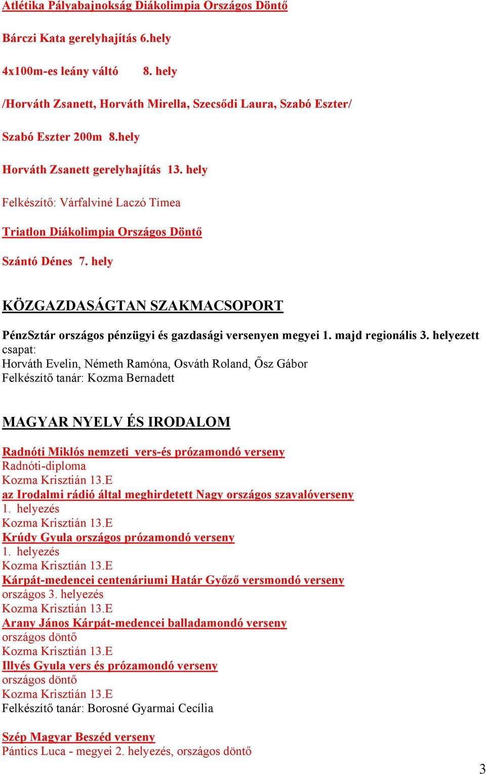 hely KÖZGAZDASÁGTAN SZAKMACSOPORT PénzSztár országos pénzügyi és gazdasági versenyen megyei 1. majd regionális 3.