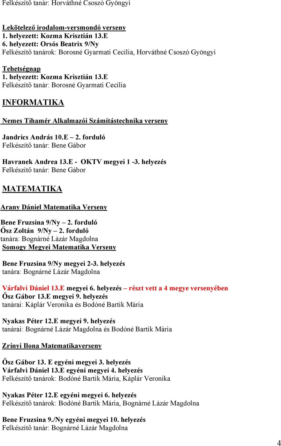 helyezett: Felkészítő tanár: Borosné Gyarmati Cecília INFORMATIKA Nemes Tihamér Alkalmazói Számítástechnika verseny Jandrics András 10.E 2. forduló Felkészítő tanár: Bene Gábor Havranek Andrea 13.