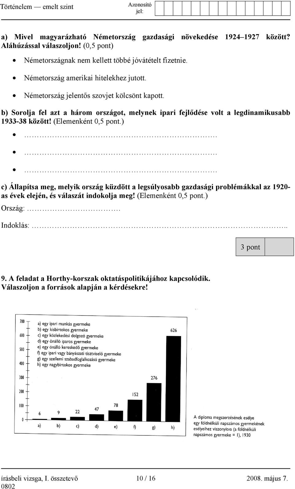 b) Sorolja fel azt a három országot, melynek ipari fejlődése volt a legdinamikusabb 1933-38 között! (Elemenként 0,5 pont.)... c) Állapítsa meg, melyik ország küzdött a legsúlyosabb gazdasági problémákkal az 1920- as évek elején, és válaszát indokolja meg!