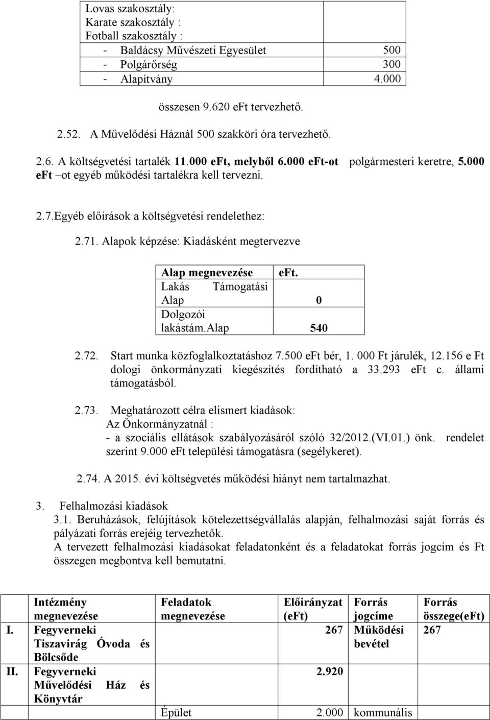 Egyéb előírások a költségvetési rendelethez: 2.71. Alapok képzése: Kiadásként megtervezve Alap megnevezése eft. Lakás Támogatási Alap 0 Dolgozói lakástám.alap 540 2.72.