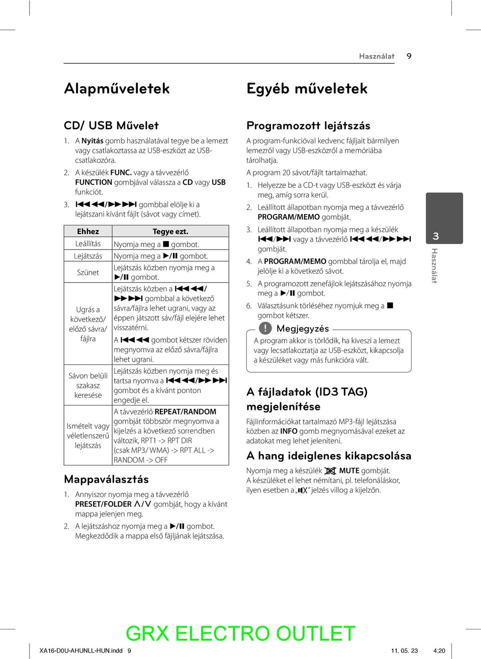 Ehhez Leállítás Lejátszás Szünet Ugrás a következő/ előző sávra/ fájlra Sávon belüli szakasz keresése Ismételt vagy véletlenszerű lejátszás Mappaválasztás Tegye ezt. Nyomja meg a x gombot.