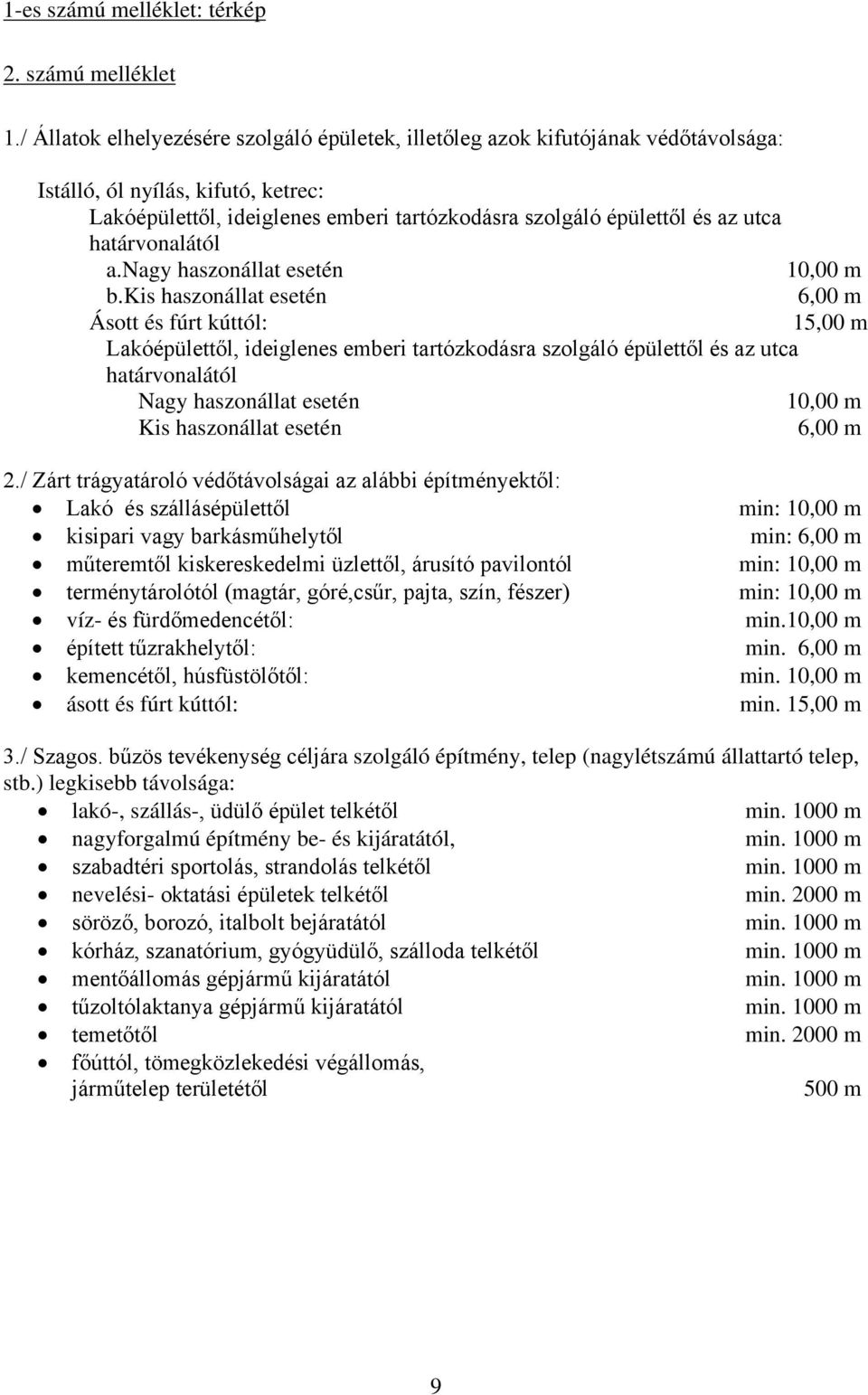 határvonalától a.nagy haszonállat esetén 10,00 m b.