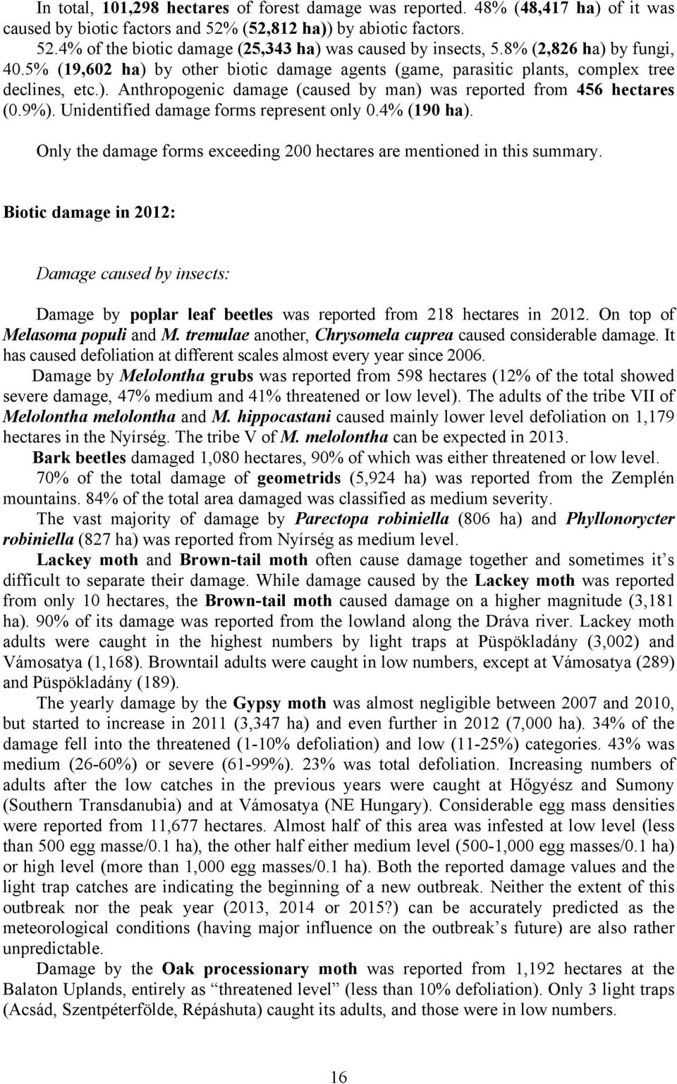 9%). Unidentified damage forms represent only 0.4% (190 ha). Only the damage forms exceeding 200 hectares are mentioned in this summary.