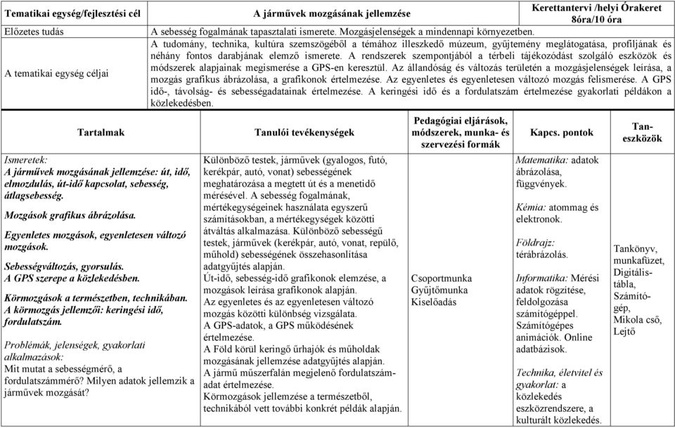 A körmozgás jellemzıi: keringési idı, fordulatszám. Problémák, jelenségek, gyakorlati alkalmazások: Mit mutat a sebességmérı, a fordulatszámmérı? Milyen adatok jellemzik a jármővek mozgását?