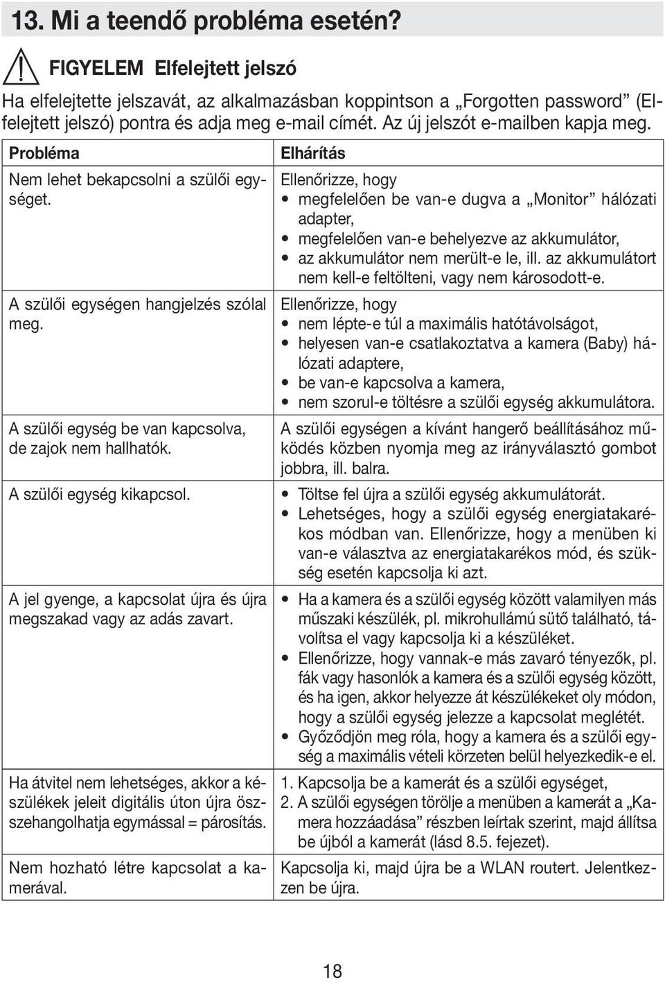 A szülői egység kikapcsol. A jel gyenge, a kapcsolat újra és újra megszakad vagy az adás zavart.