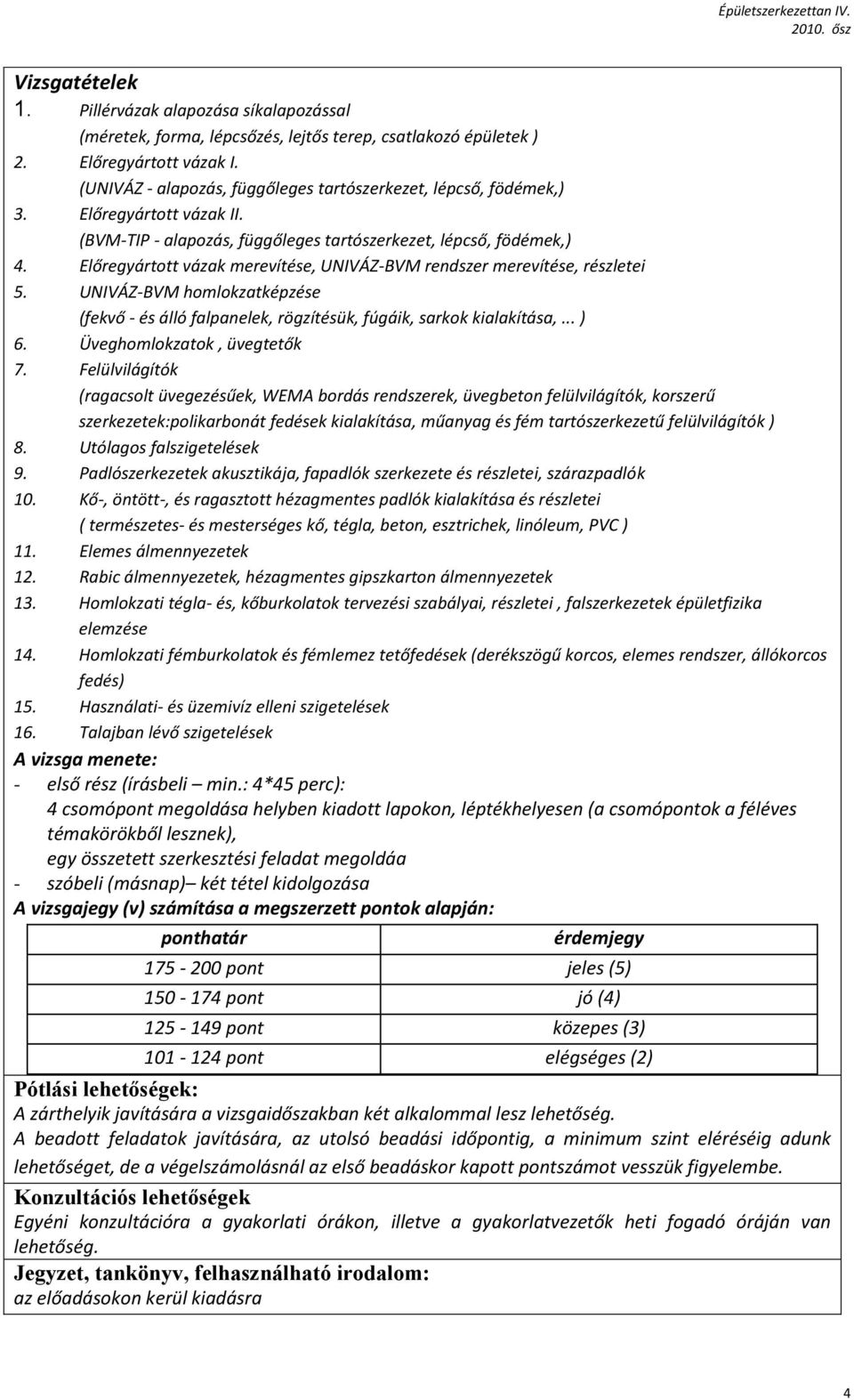 Előregyártott vázak merevítése, UNIVÁZ-BVM rendszer merevítése, részletei 5. UNIVÁZ-BVM homlokzatképzése (fekvő - és álló falpanelek, rögzítésük, fúgáik, sarkok kialakítása,... ) 6.