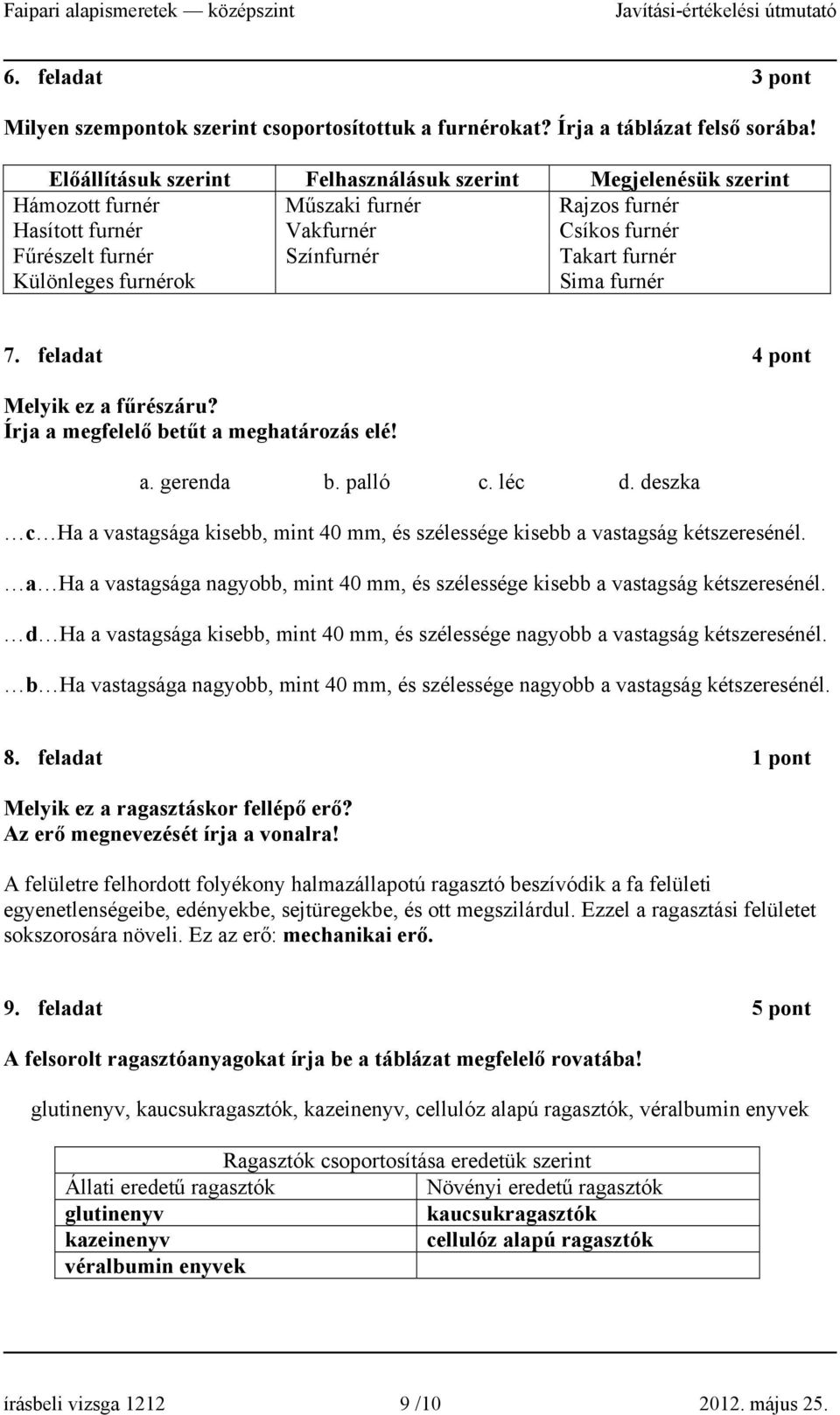 Különleges furnérok Sia furnér 7. feladat 4 pont Melyik ez a fűrészáru? Írja a egfelelő etűt a eghatározás elé! a. gerenda. palló c. léc d.