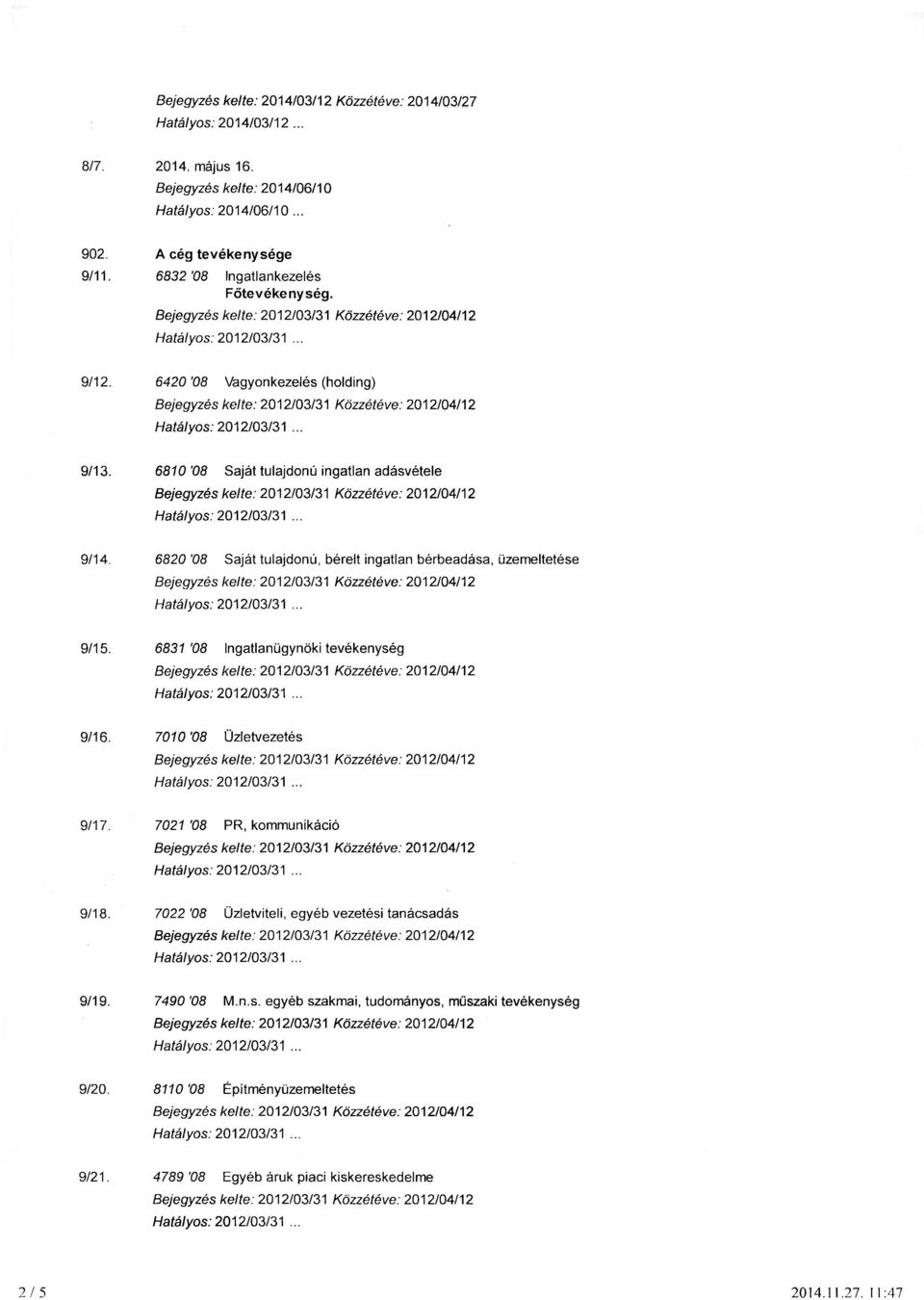 6810 '08 Saját tulajdonú ingatlan adásvétele 9/14. 6820 '08 Saját tulajdonú, bérelt ingatlan bérbeadása, üzemeltetése 9/15.