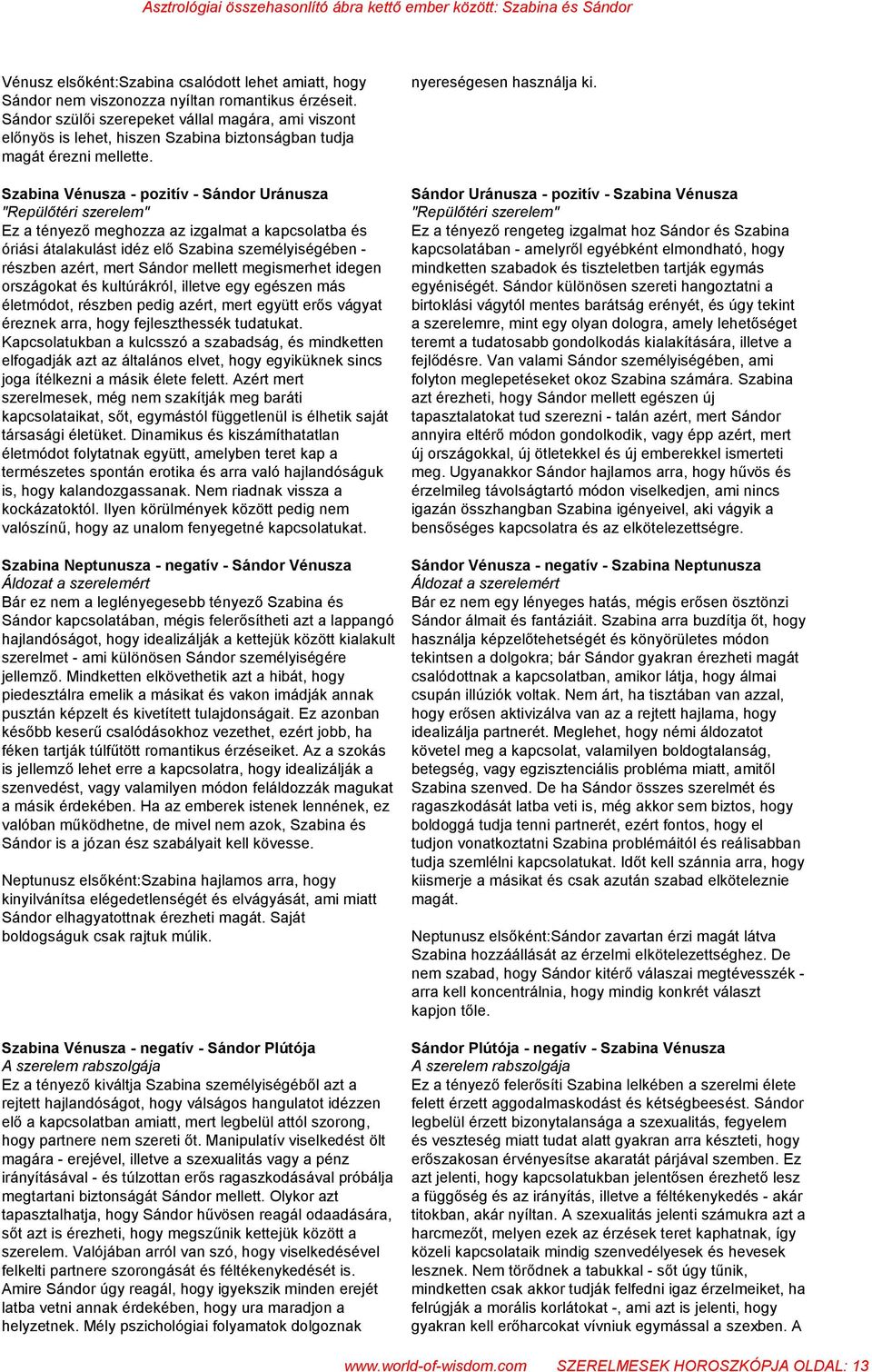 Szabina Vénusza - pozitív - Sándor Uránusza "Repülőtéri szerelem" Ez a tényező meghozza az izgalmat a kapcsolatba és óriási átalakulást idéz elő Szabina személyiségében - részben azért, mert Sándor