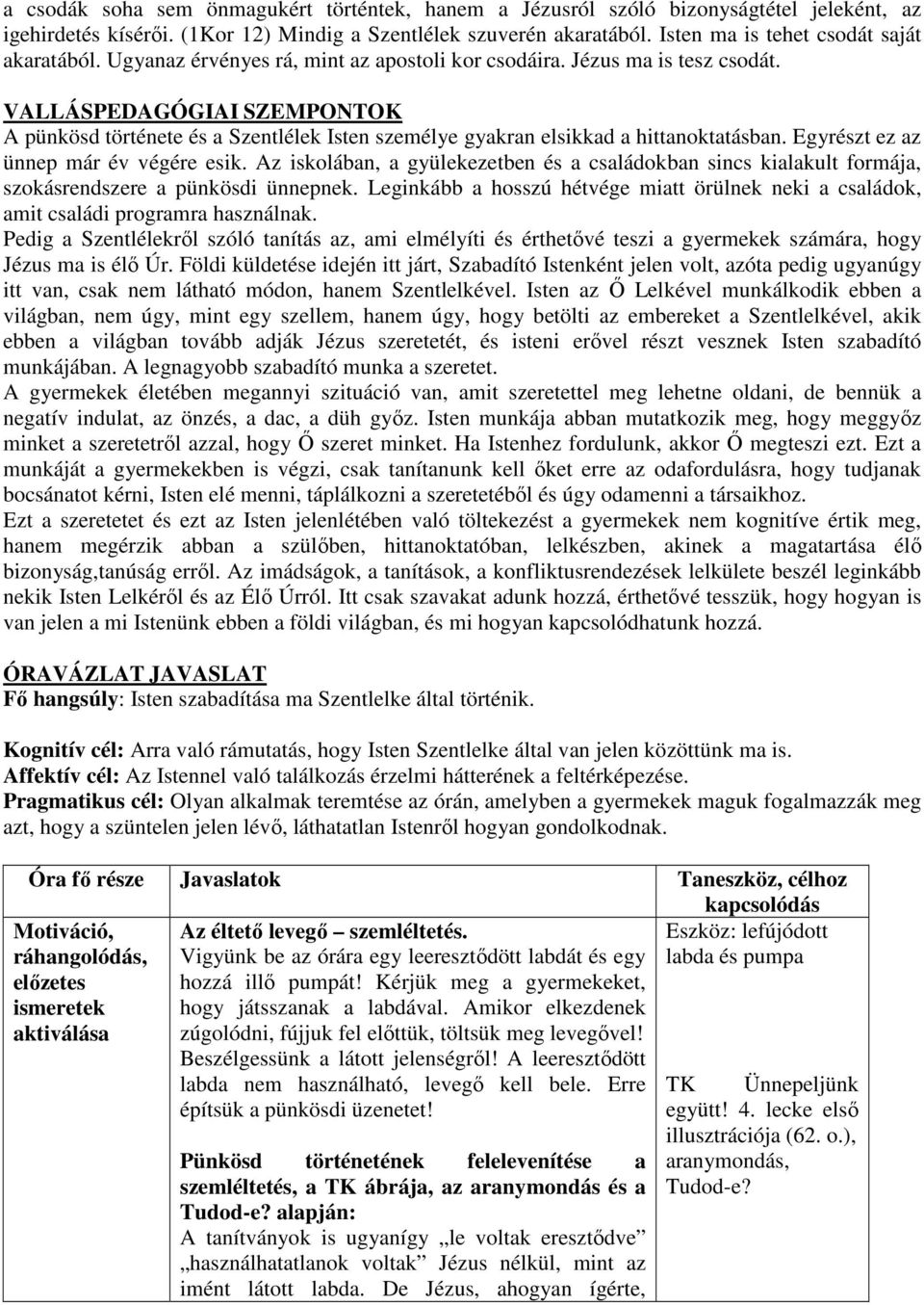 VALLÁSPEDAGÓGIAI SZEMPONTOK A pünkösd története és a Szentlélek Isten személye gyakran elsikkad a hittanoktatásban. Egyrészt ez az ünnep már év végére esik.