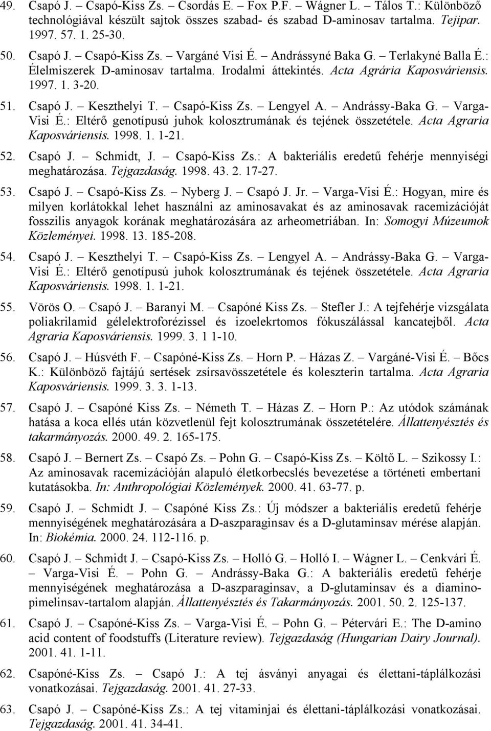 Andrássy-Baka G. Varga- Visi É.: Eltérő genotípusú juhok kolosztrumának és tejének összetétele. Acta Agraria Kaposváriensis. 1998. 1. 1-21. 52. Csapó J. Schmidt, J. Csapó-Kiss Zs.