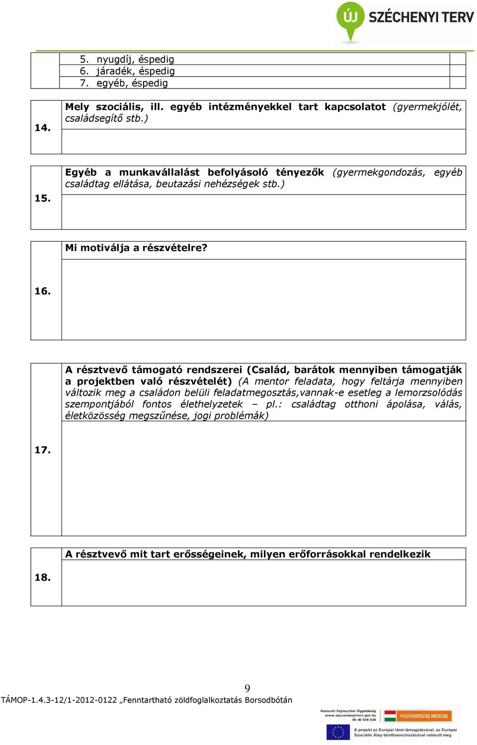 A résztvevő támogató rendszerei (Család, barátok mennyiben támogatják a projektben való részvételét) (A mentor feladata, hogy feltárja mennyiben változik meg a családon belüli